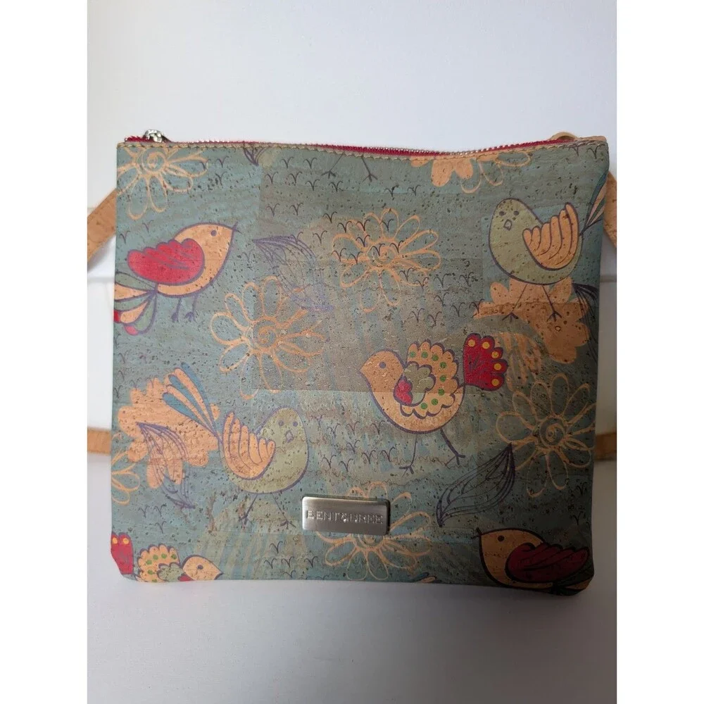 Bent & Bree Ivy Cork Crossbody Bag Eco Friendly Vegan Bird Print Purse Green